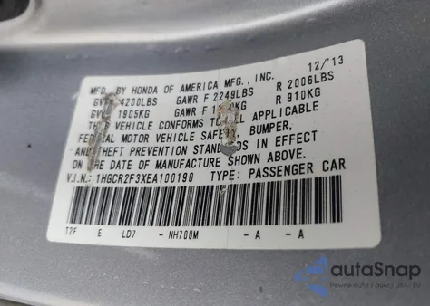 2014 Honda Accord Lx из США, поврежденный, VIN 1HGCR2F3XEA100190